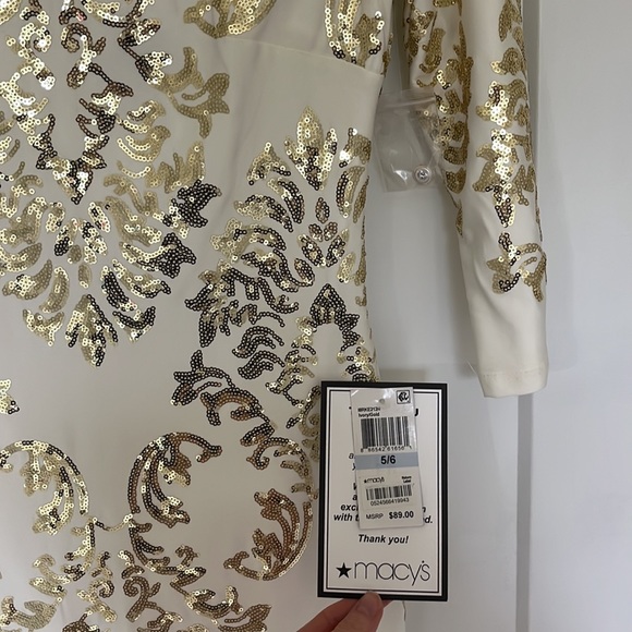 NWT White & Gold Metallic Sleeve Cocktail Keyhole Dress - Picture 2 of 5